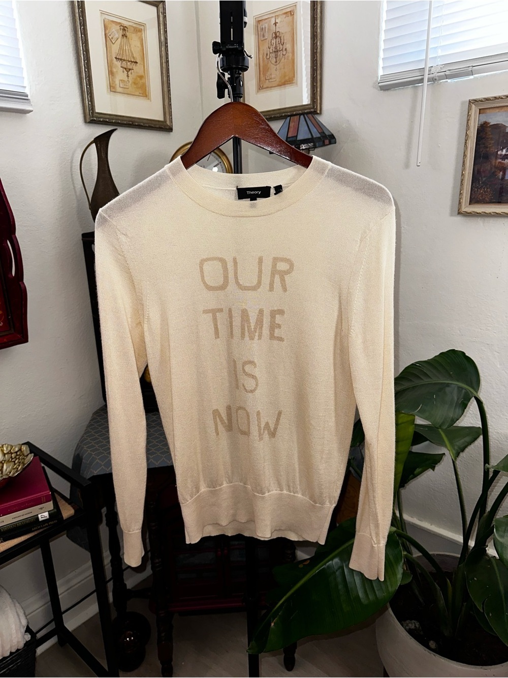 Theory Cream Lightweight Crewneck Sweater with Knit Slogan